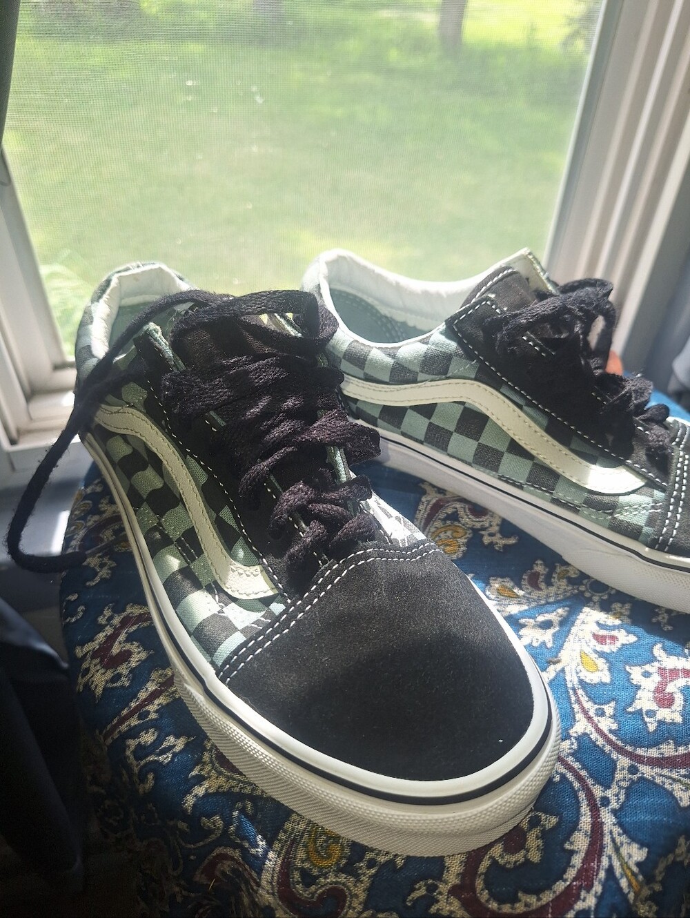 Vans Old Skool Checkerboard Sneakers - Black & Mint Green